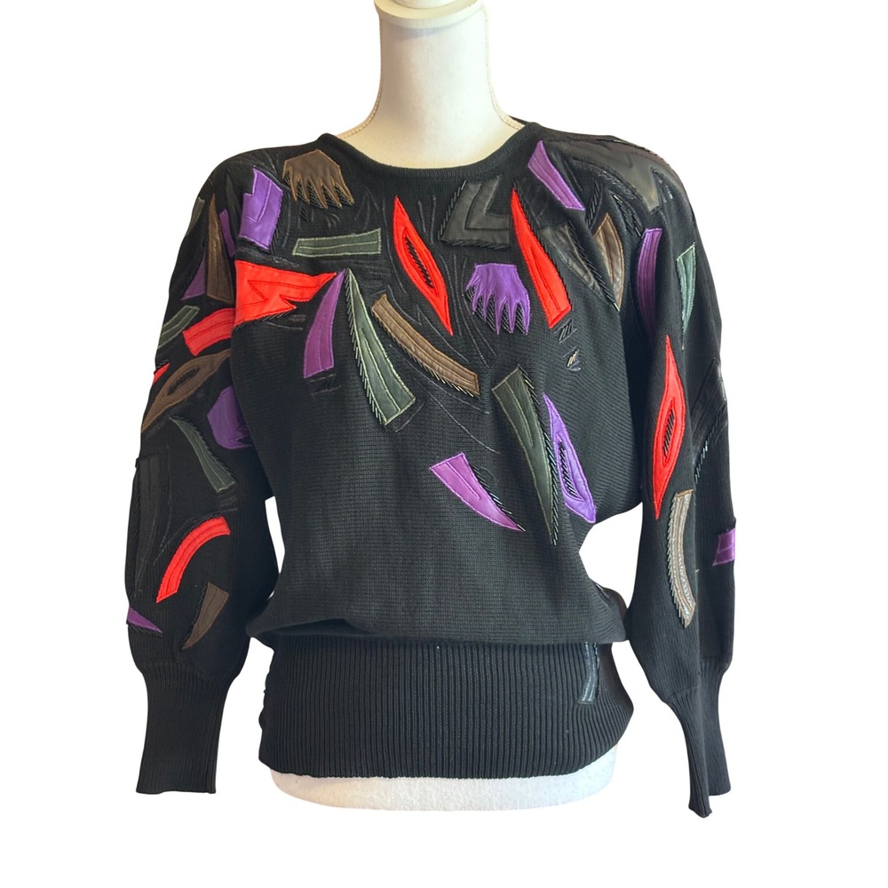 Vintage Erez Black Knit Sweater Leather Applique Beaded Abstract 80s Designer